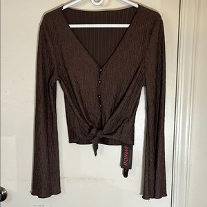 ROMWE Brown Bell Sleeve Tie Front Blouse